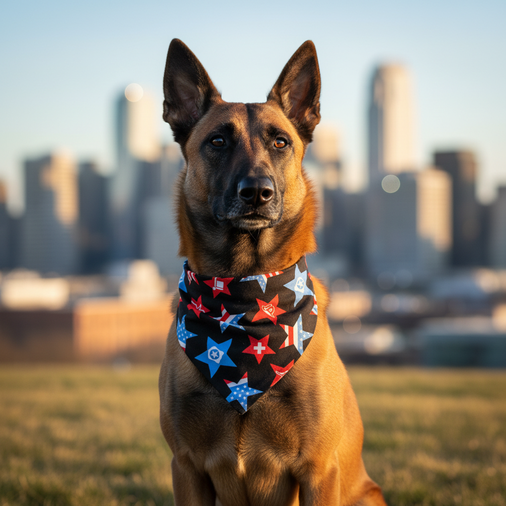 All Star Heroes bandana on a Belgian Malinois with city skyline