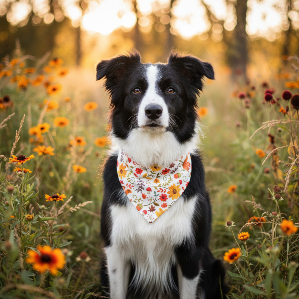 Autumn Bloom bandana on a Border Collie in a golden wildflower field