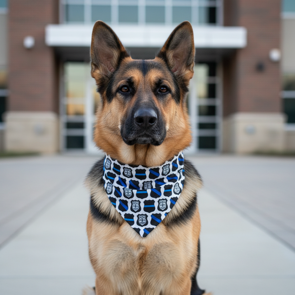 Badge of Honor bandana on a German Shepherd in front of a police station