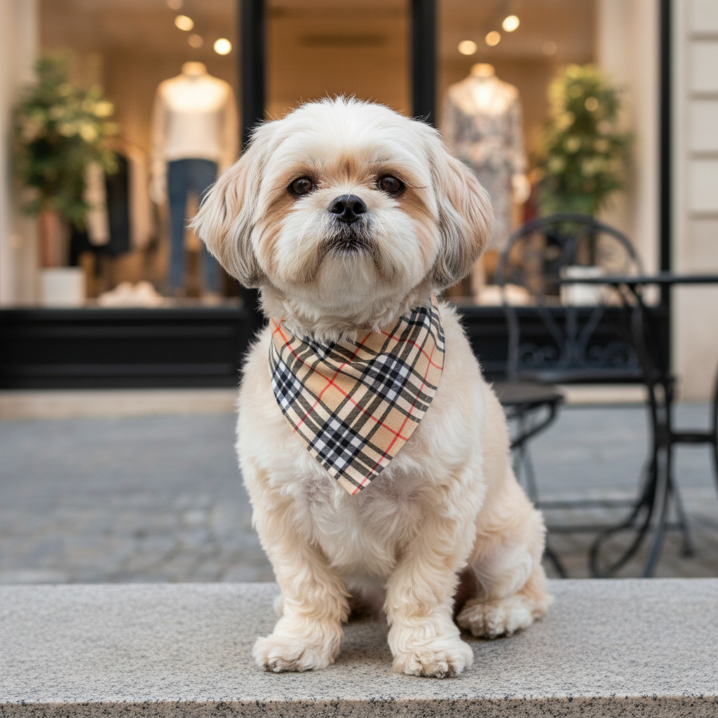 Barkberry bandana on a Shih Tzu in front of a boutique storefront