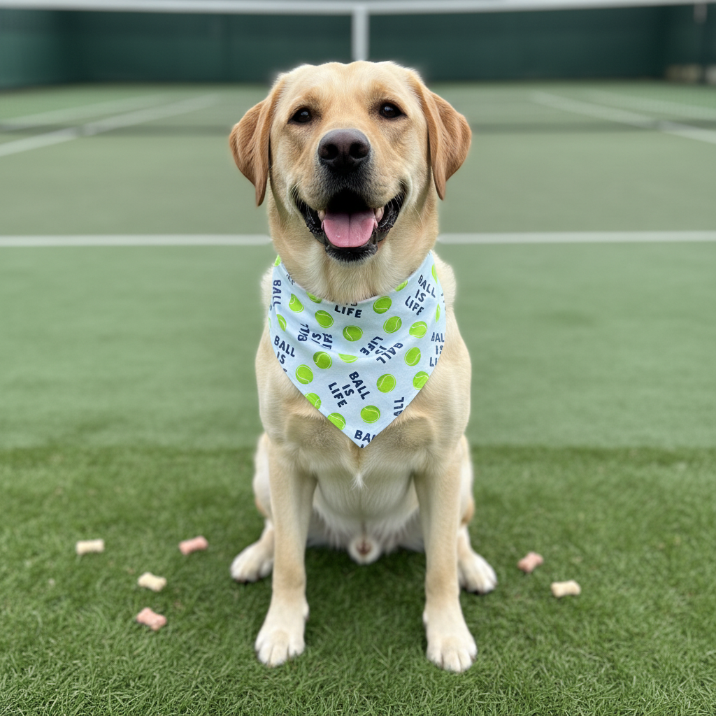 Ball is Life Light Blue bandana on a yellow Labrador at a tennis court
