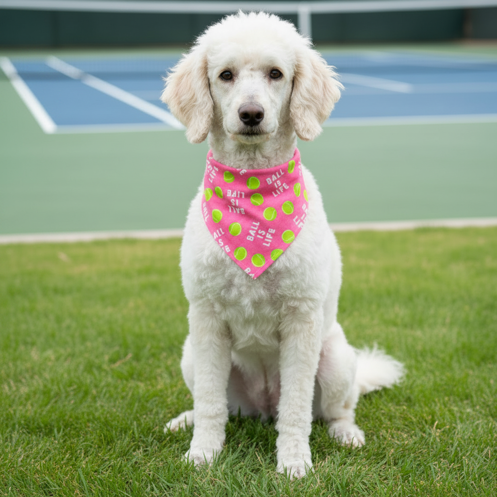 Ball is Life Pink bandana on a white Poodle at a tennis court