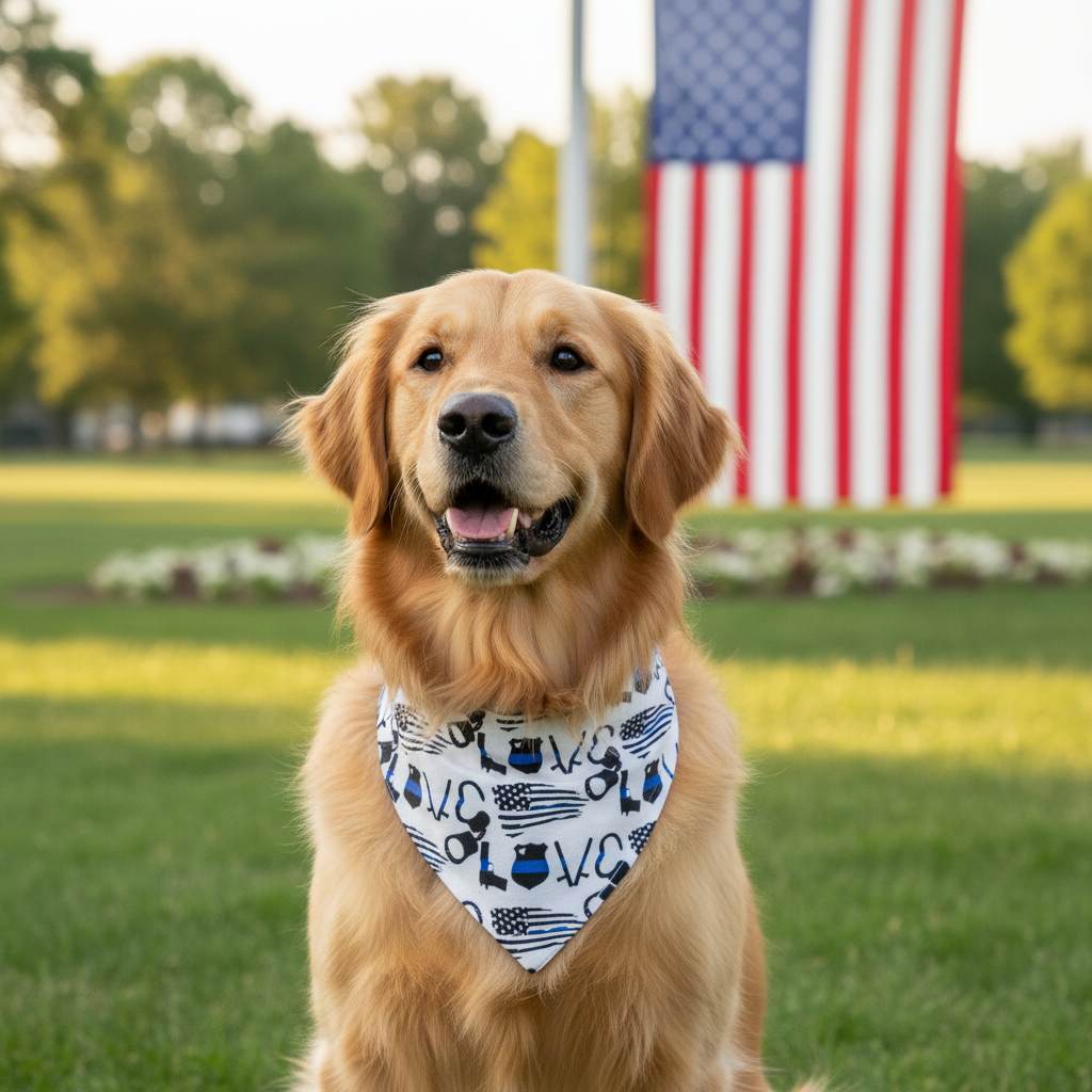 Blue Line Love bandana on a Golden Retriever in front of an American flag