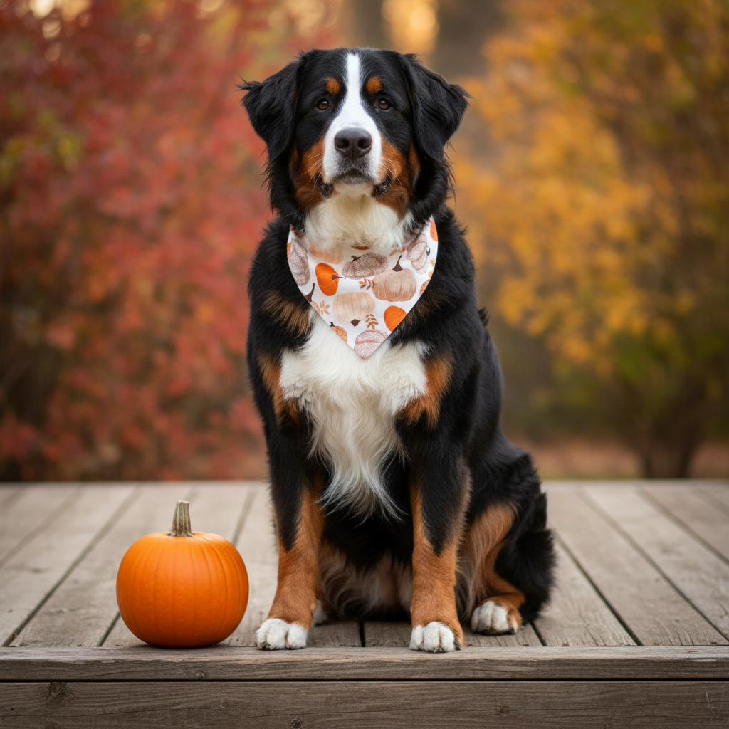 Daylight Pumpkin bandana on a Bernese Mountain Dog on a rustic porch in autumn