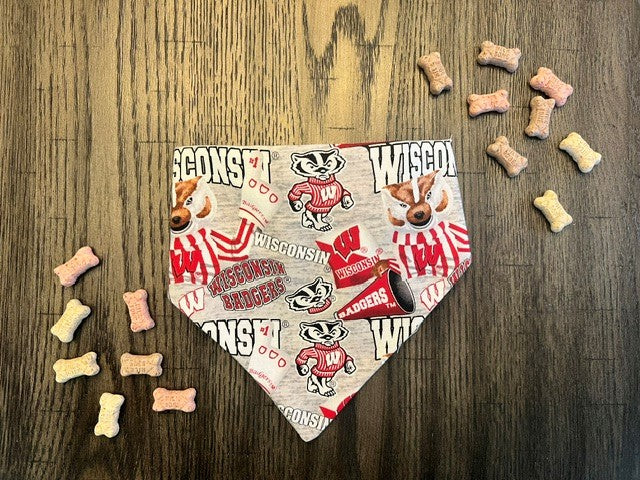 Go Bucky bandana flat lay front view