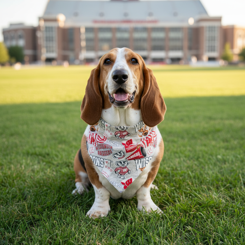 Go Bucky bandana on a Basset Hound in front of Camp Randall Stadium
