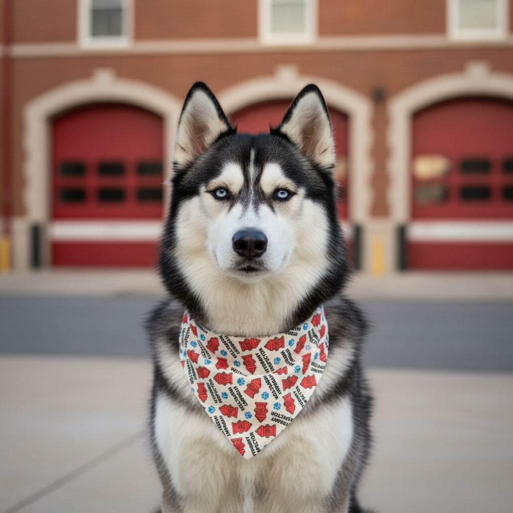 Hydrant Hero bandana on a Husky at a fire station