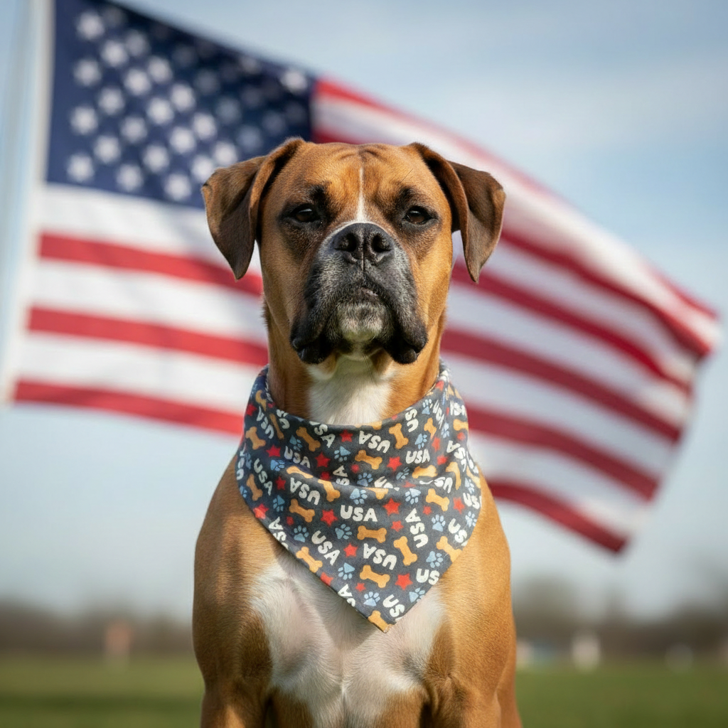 Patriotic Paws bandana on a Boxer in front of an American flag