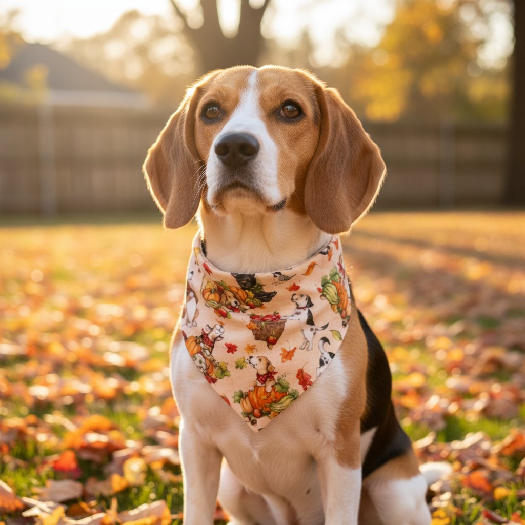 Pups & Pumpkins bandana on a Beagle in autumn yard