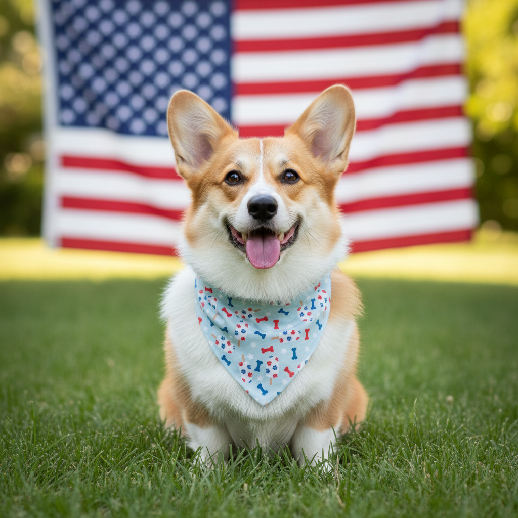 Sweet Freedom bandana on a Corgi in front of an American flag