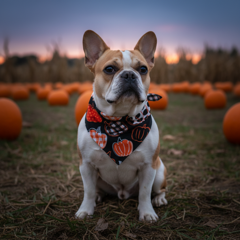 Twilight Pumpkin bandana on a French Bulldog at dusk in a pumpkin patch