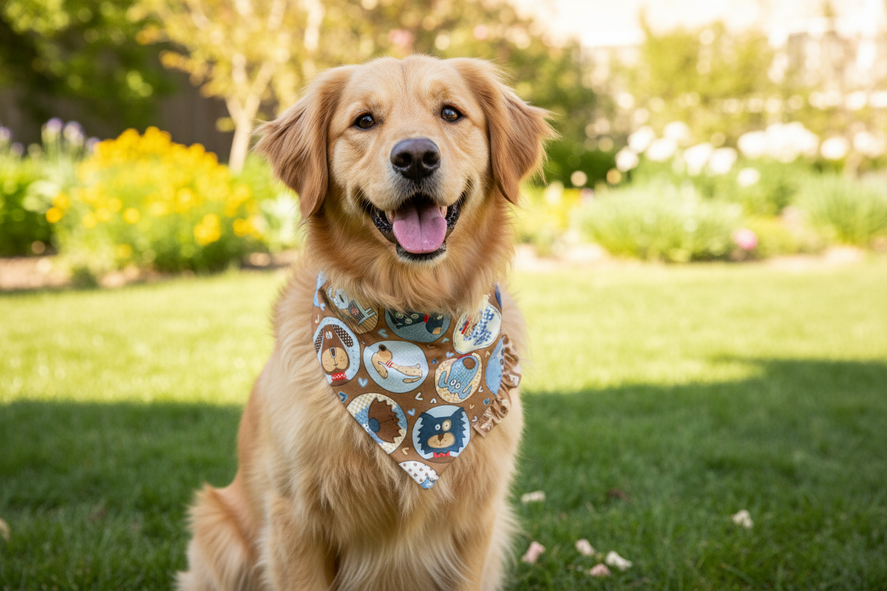 Dog wearing Puppy Patch Party bandana