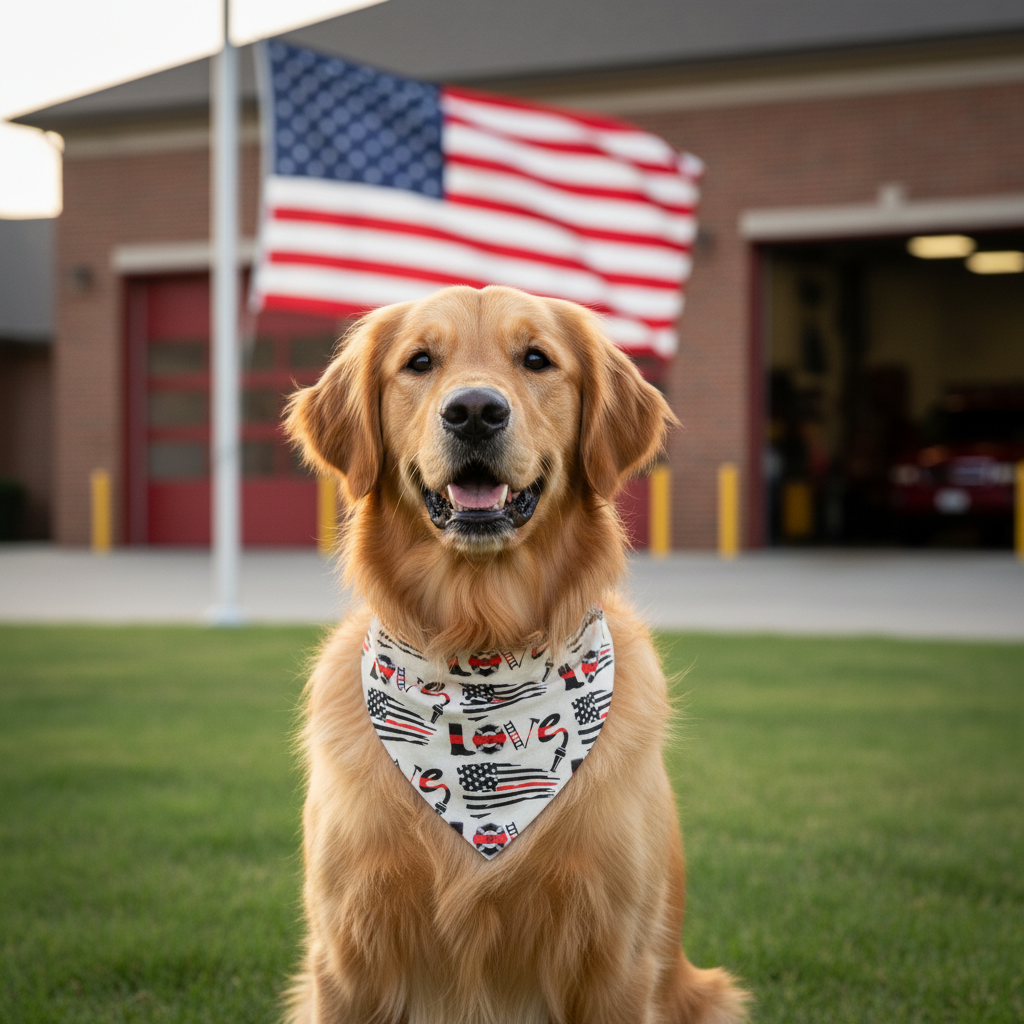 Red Line Love bandana on a Golden Retriever at a fire station