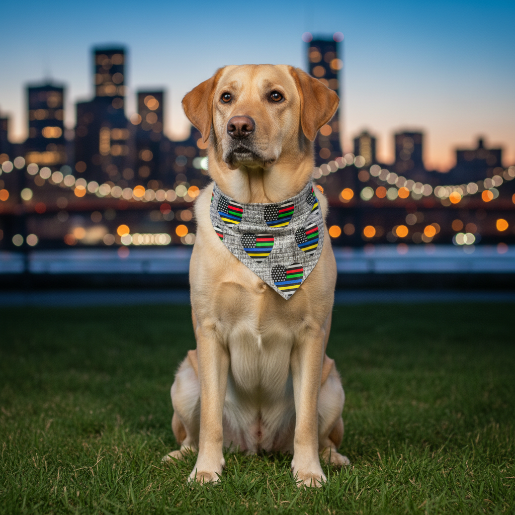 All Lines Matter bandana on a Labrador at city skyline at dusk