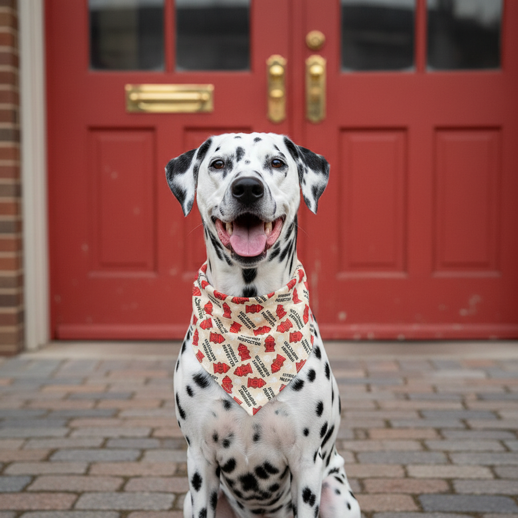 Chief Inspector bandana on a Dalmatian at a fire station