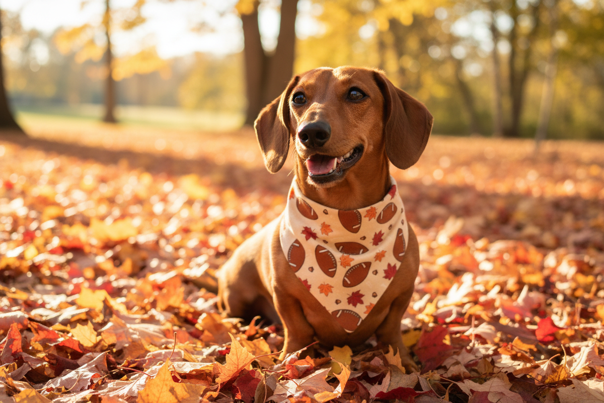 Dog wearing fall football bandana in autumn leaves setting