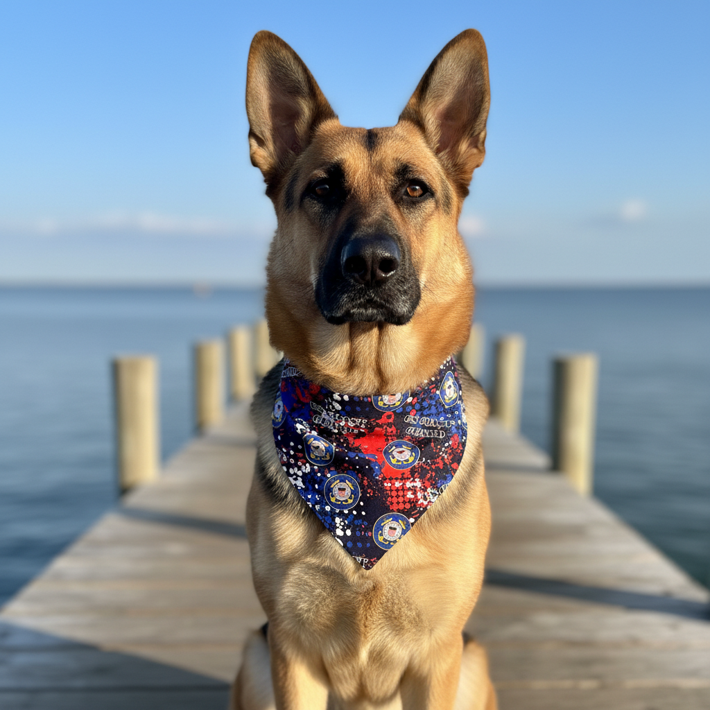 Shore Patrol bandana on a German Shepherd on a dock