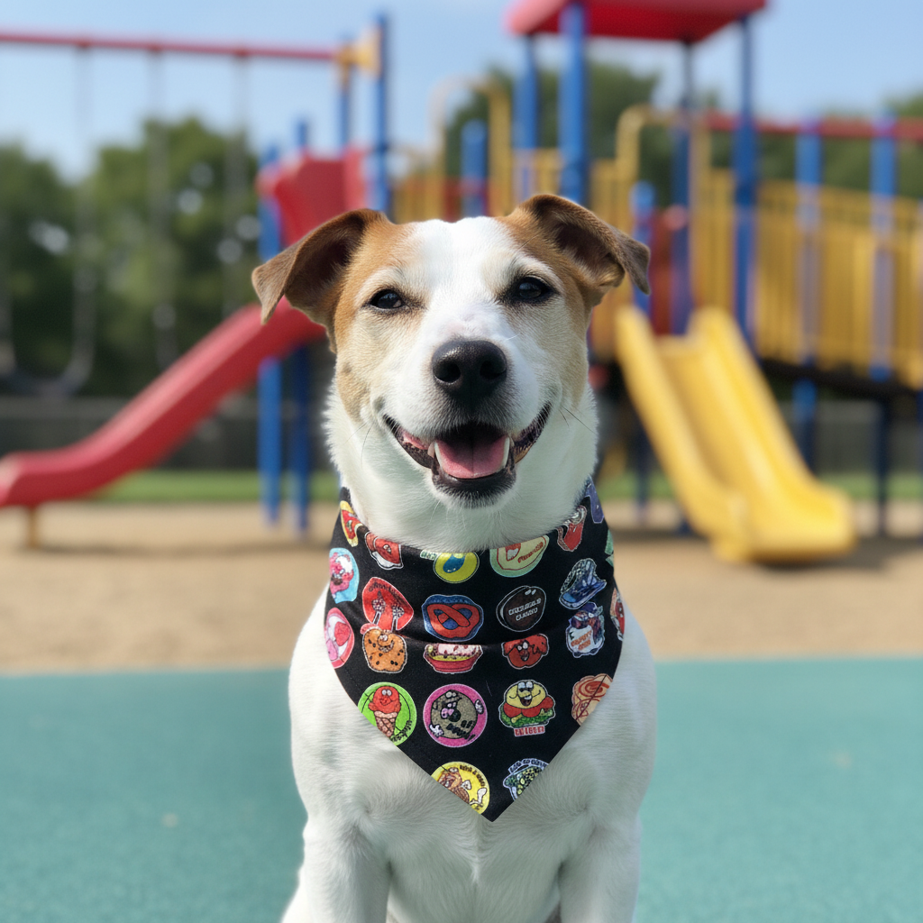Scratch and Sniff bandana on a Jack Russell Terrier at a playground