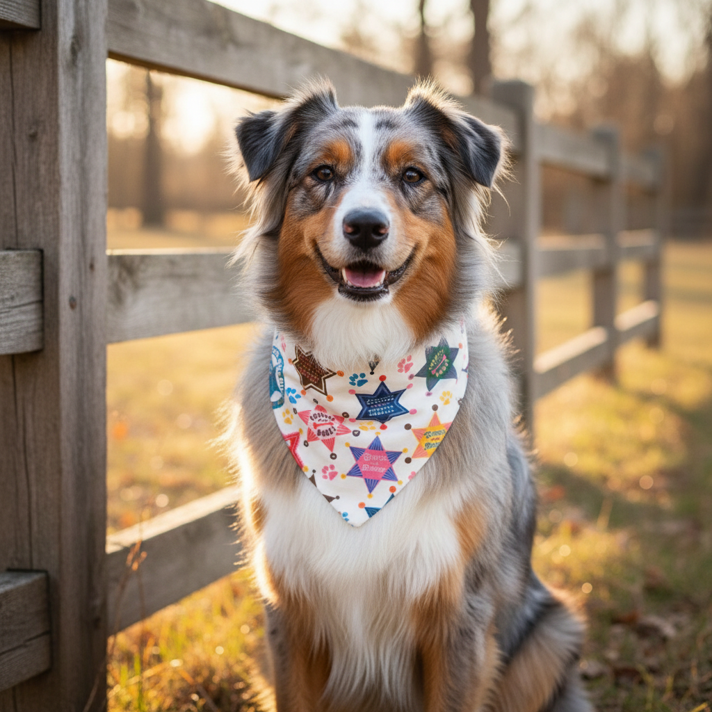 Deputy D-Dog bandana on an Australian Shepherd at a rustic fence