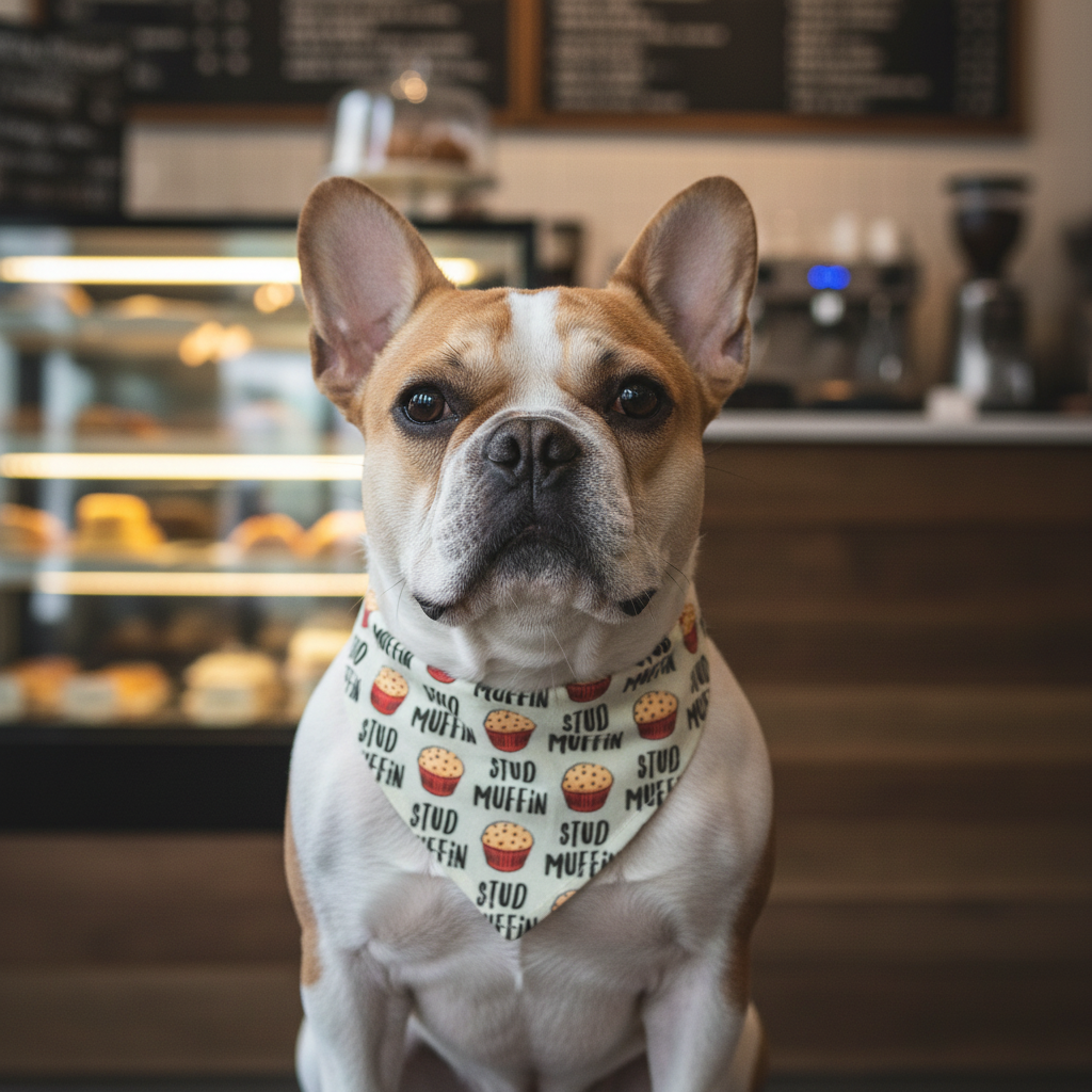 Stud Muffin bandana on a French Bulldog at a bakery